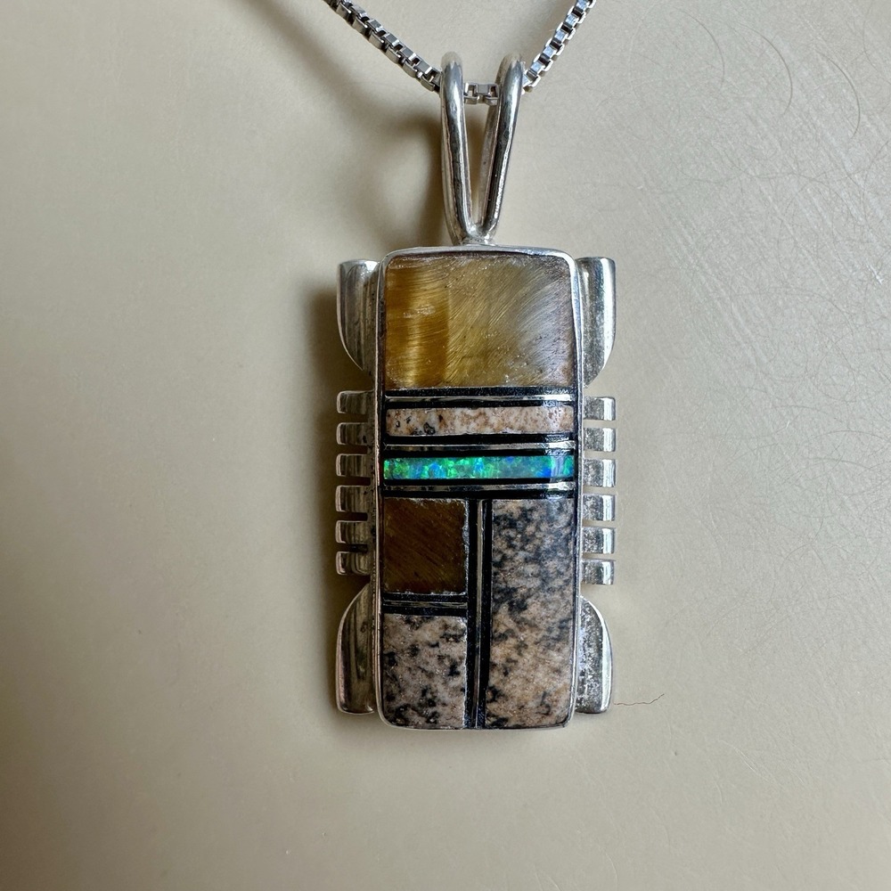 Zuni Artisan‎ JN Pendant Necklace 20 Inch Tiger Quartz Onyx Agate Sterling 5.1g